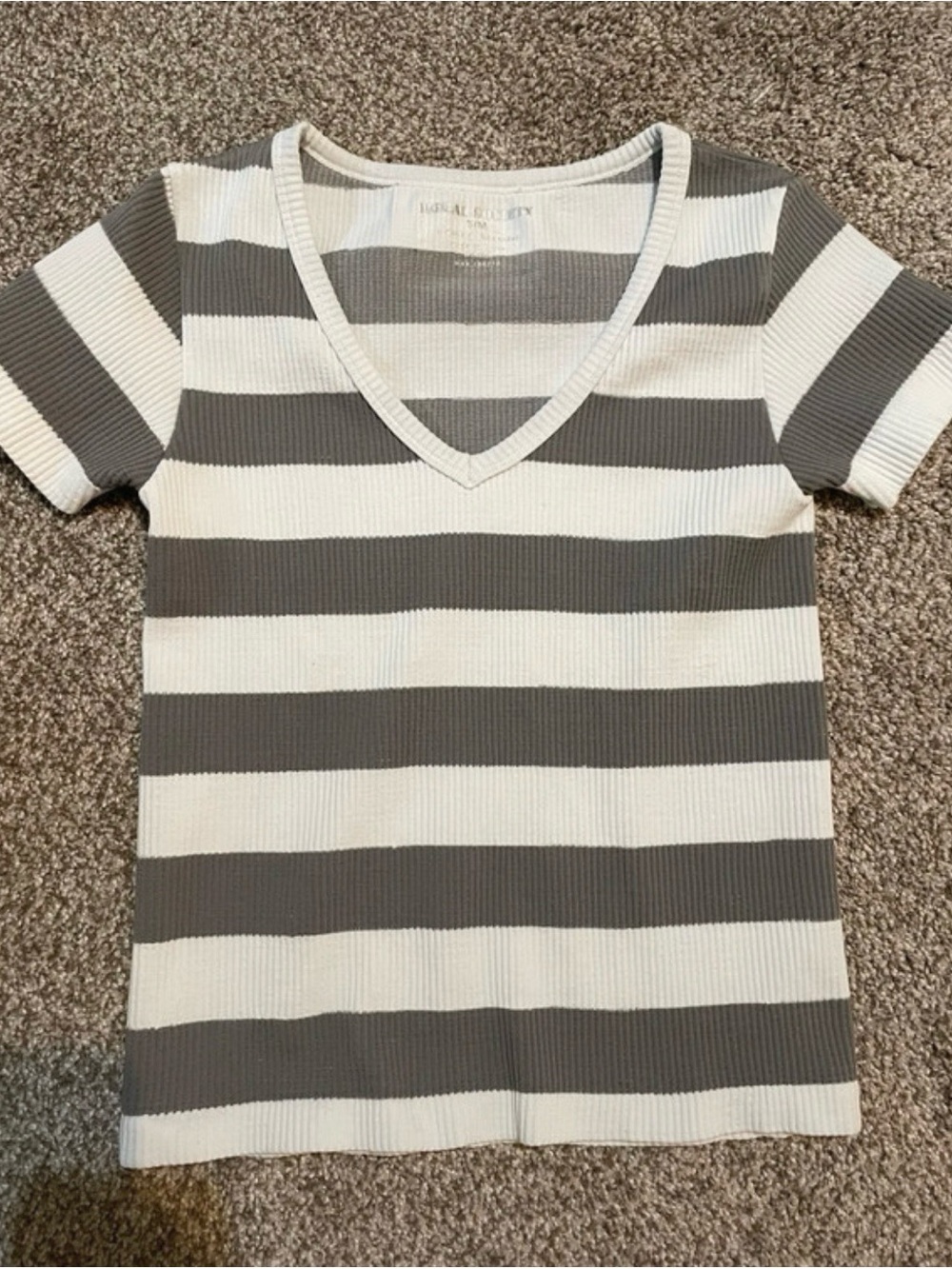 Moral Society Ribbed V-Neck Tee in Gray and White Stripes